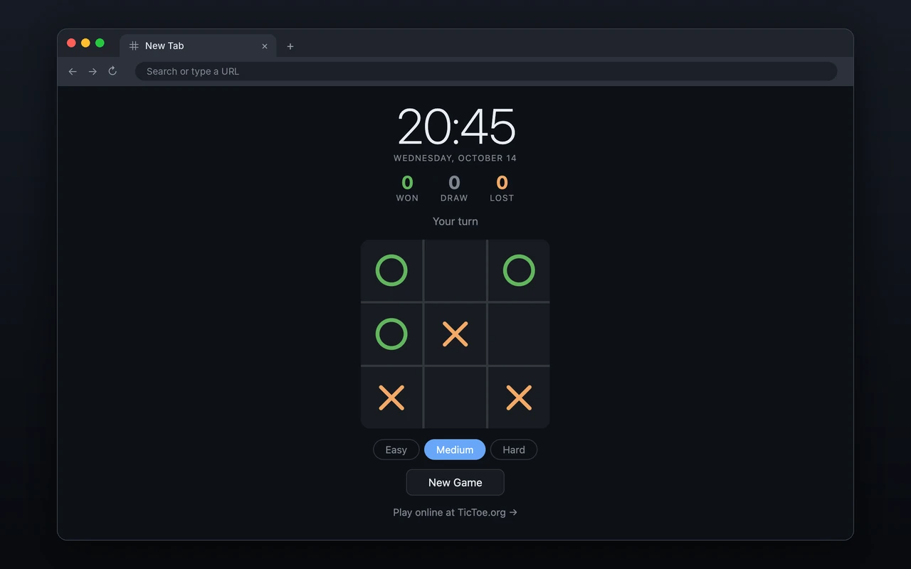 TicToe New Tab Chrome extension showing a clock, score and tic-tac-toe board on a dark background